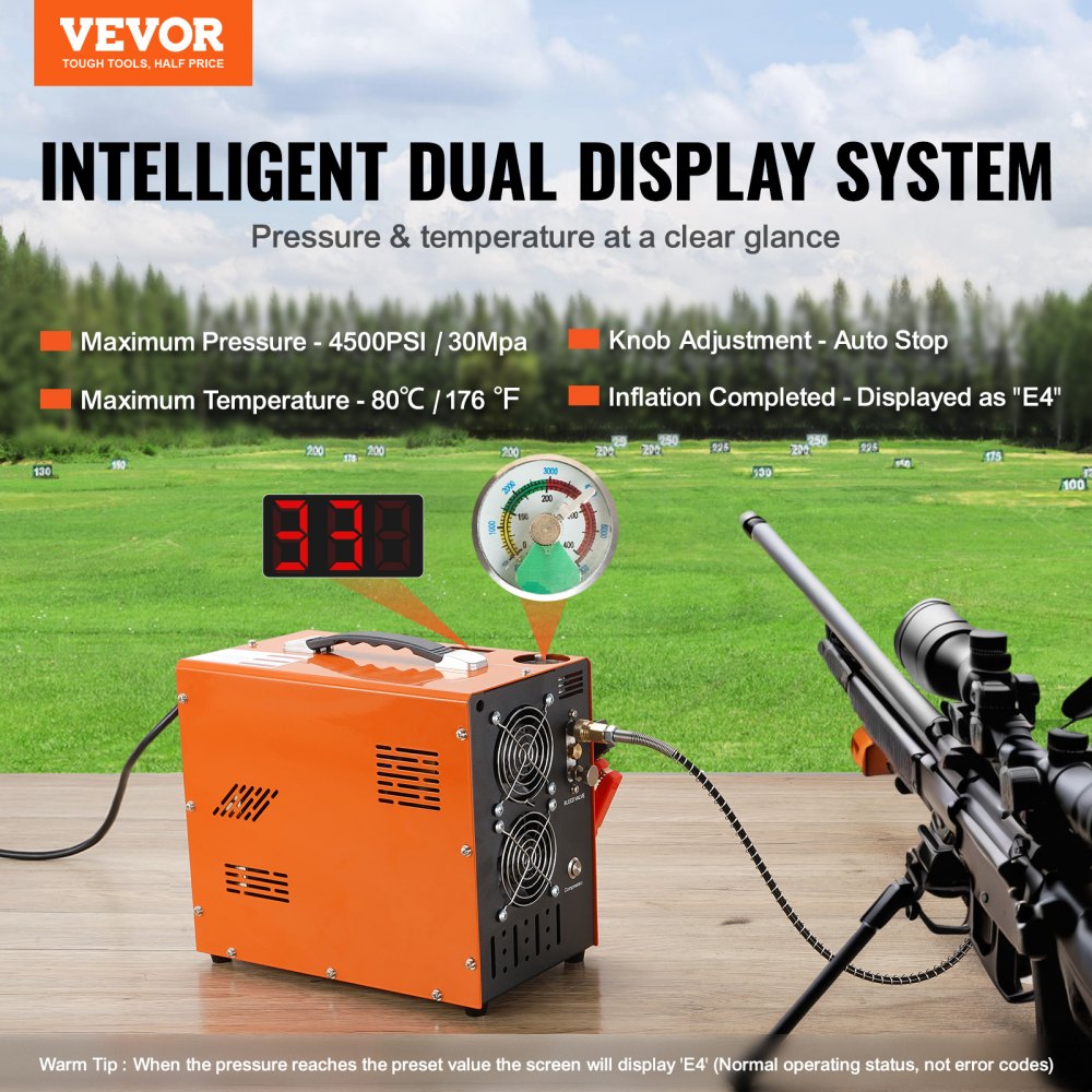 Orange portable 4500 PSI PCP air compressor with dual digital displays for pressure and temperature, auto-stop feature, and carry handle.