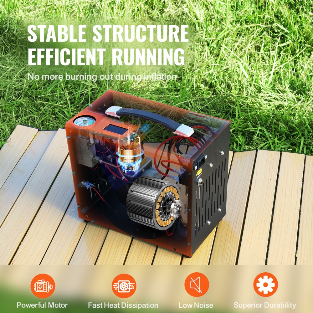 Portable orange Bostome 4500PSI PCP air compressor with transparent panels, motor, and gauges on wooden deck.