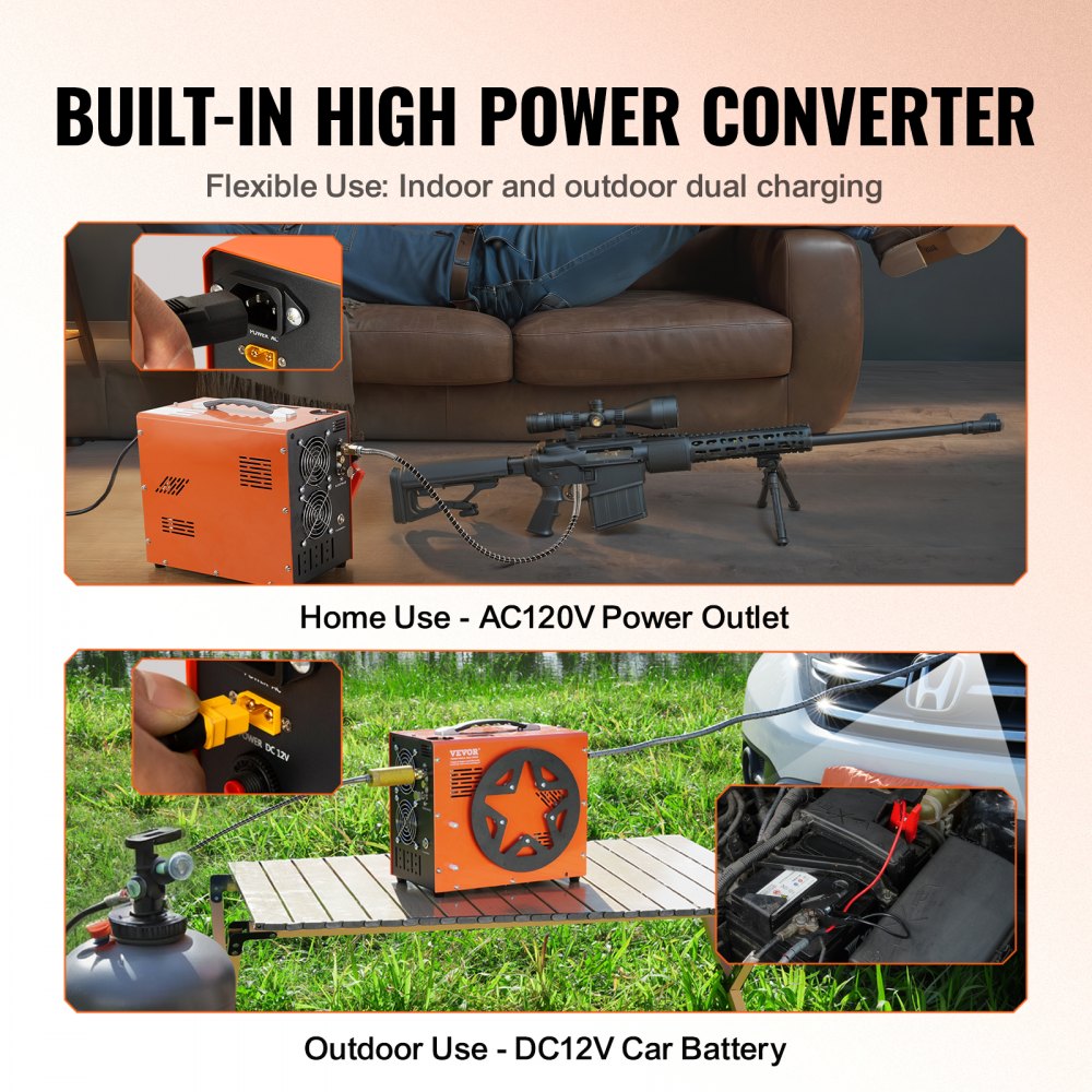 Portable orange 4500 PSI PCP air compressor with built-in converter for 120V and 12V use, shown indoors and outdoors.