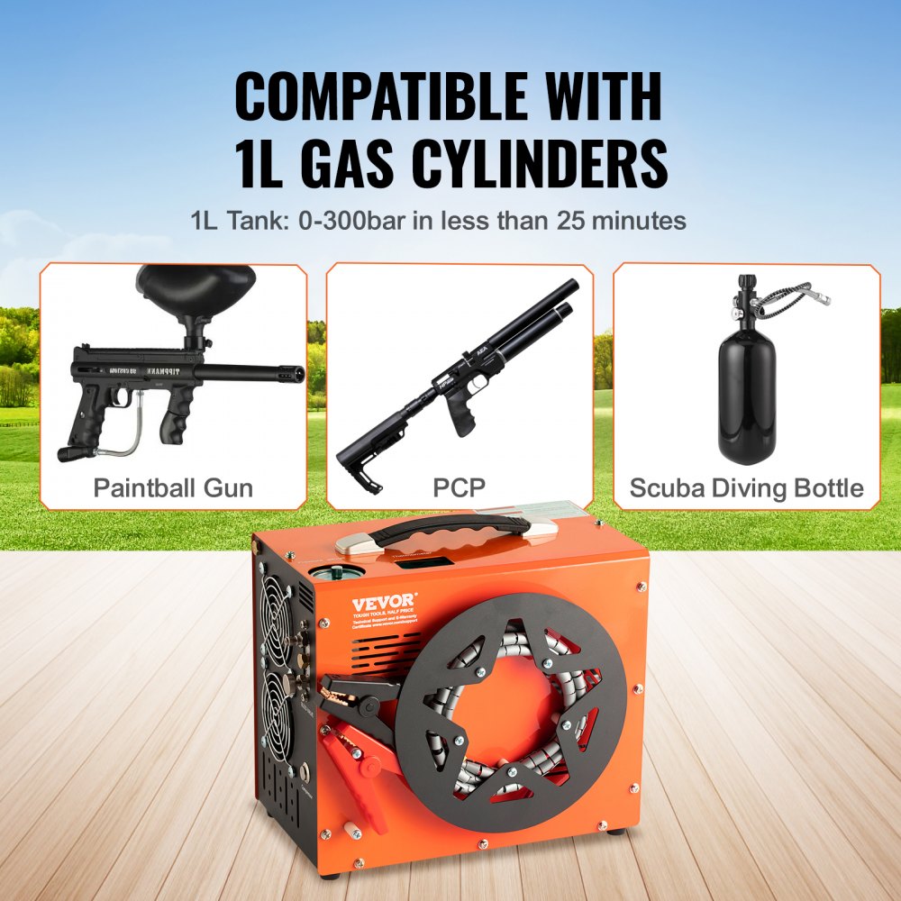 Portable orange Bostome 4500PSI PCP air compressor with digital gauges and auto-stop feature.