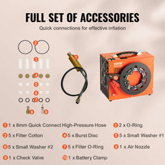 Full set of accessories for Bostome 4500PSI PCP air compressor including quick connect hose, O-rings, washers, burst disc, filter, check valve, air nozzle, and battery clamp.
