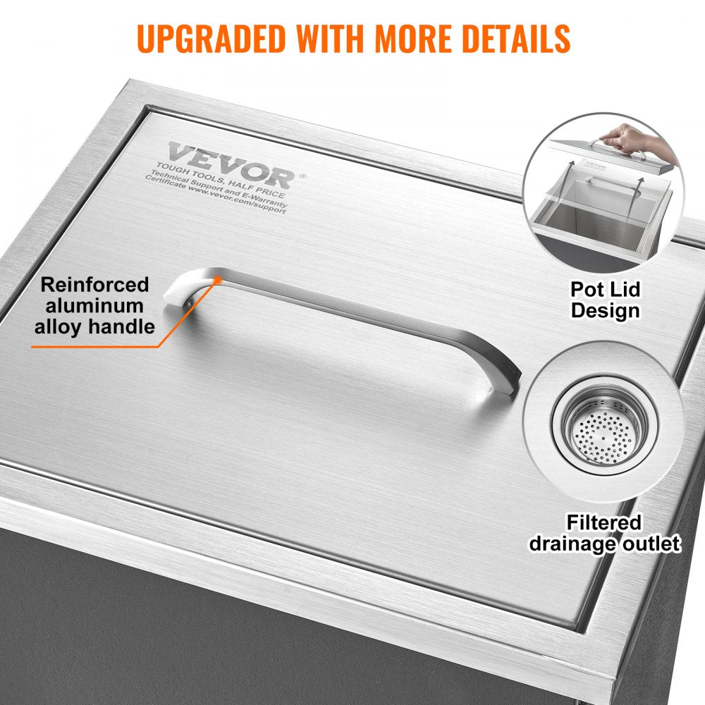 Drop in Ice Chest, 14"L x 12"W x 18"H Stainless Steel Ice Cooler, Commercial Ice Bin with Cover, 40 qt Outdoor Kitchen Ice Bar, Drain-pipe and Drain Plug Included, for Cold Wine Beer