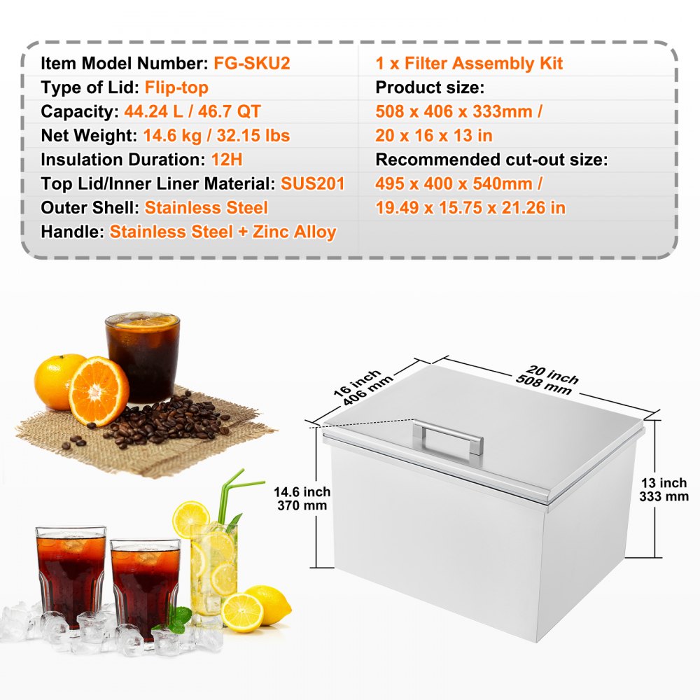 40Quart Drop in Ice Chest Ice Cooler Ice Bin Stainless Steel 20"x16"x14.6"