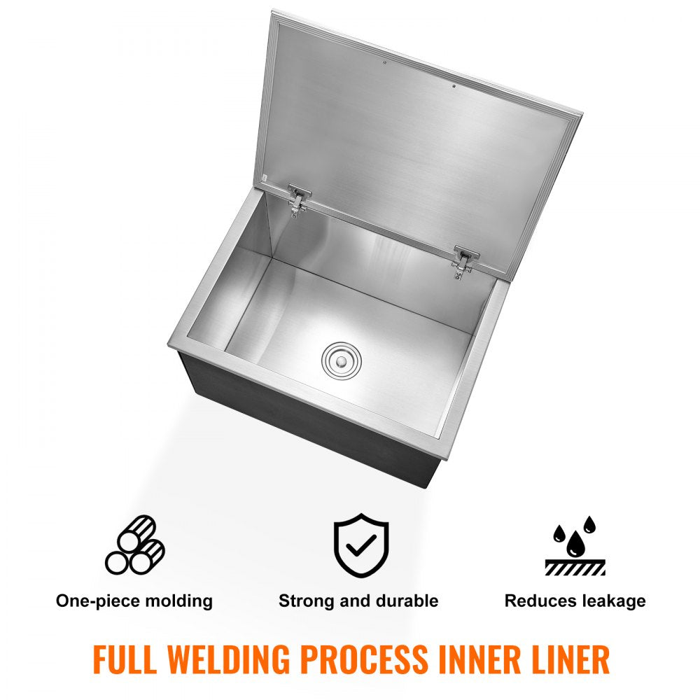 Drop in Ice Chest, 28"L x 20"W x 17"H Stainless Steel Ice Cooler, Commercial Ice Bin with Hinged Cover, 40 qt Outdoor Kitchen Ice Bar, Drain-pipe and Drain Plug Included, for Cold Wine Beer