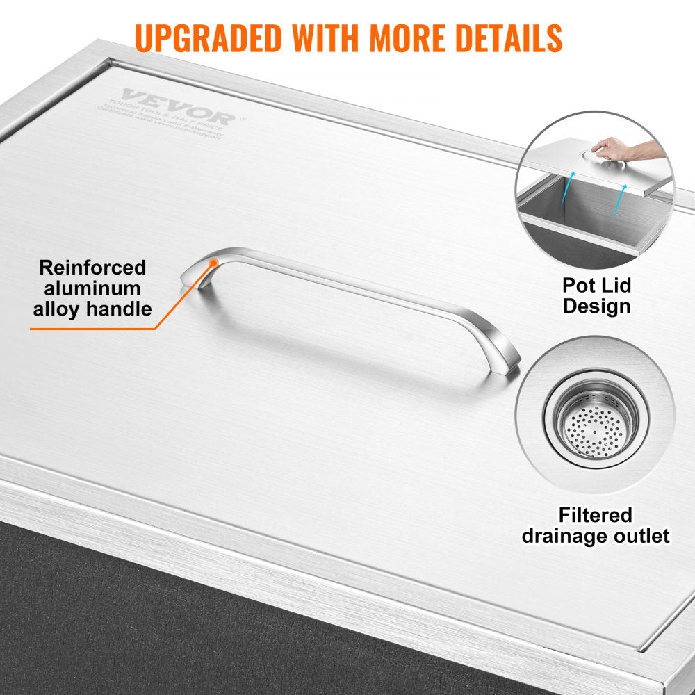 Drop in Ice Chest, 21"L x 17"W x 18"H Stainless Steel Ice Cooler, Commercial Ice Bin with Cover, 40 qt Outdoor Kitchen Ice Bar, Drain-pipe and Drain Plug Included, for Cold Wine Beer