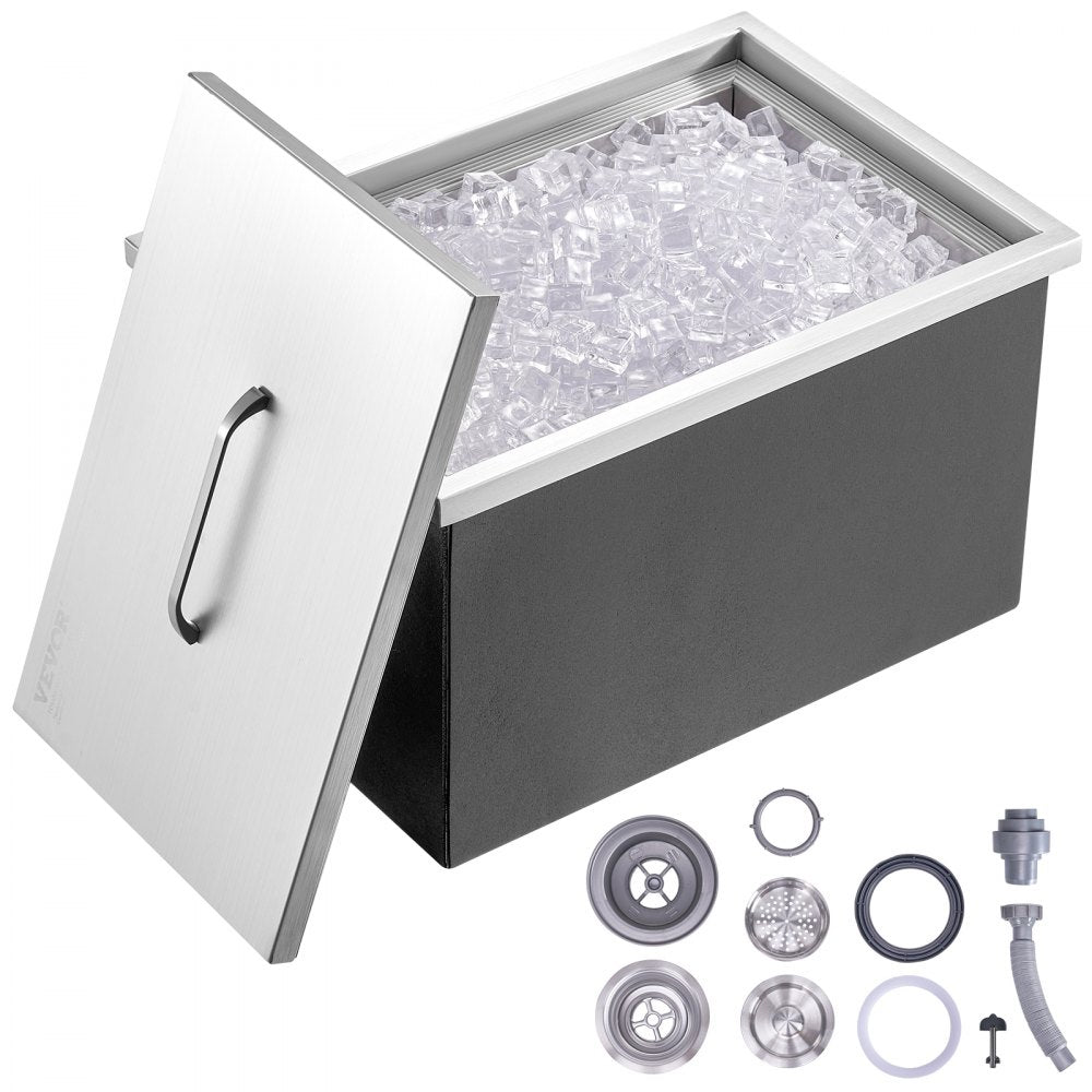 Drop in Ice Chest, 22"L x 17"W x 12"H Stainless Steel Ice Cooler, Commercial Ice Bin with Cover, 40 qt Outdoor Kitchen Ice Bar, Drain-pipe and Drain Plug Included, for Cold Wine Beer
