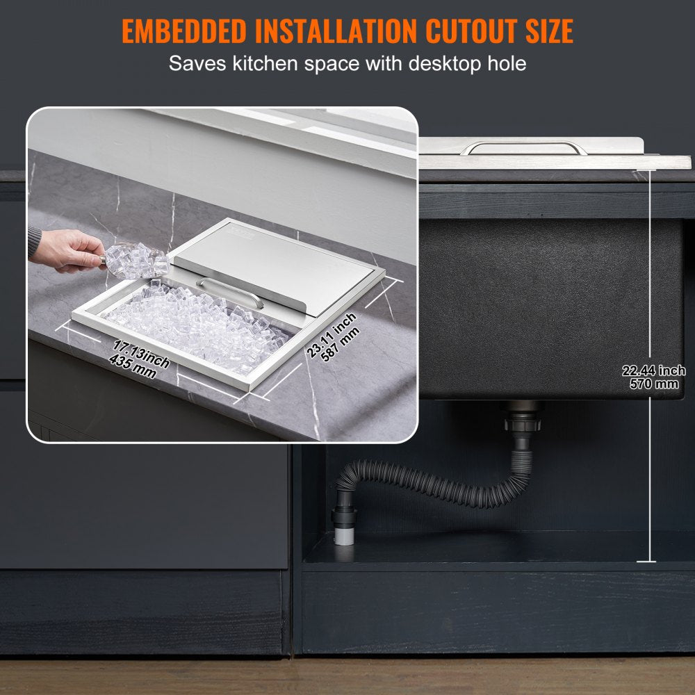 Drop in Ice Chest, 24"L x 18"W x 13"H Stainless Steel Ice Cooler, Commercial Ice Bin with Sliding Cover, 40.9 qt Outdoor Kitchen Ice Bar, Drain-pipe and Drain Plug Included, for Cold Wine Beer