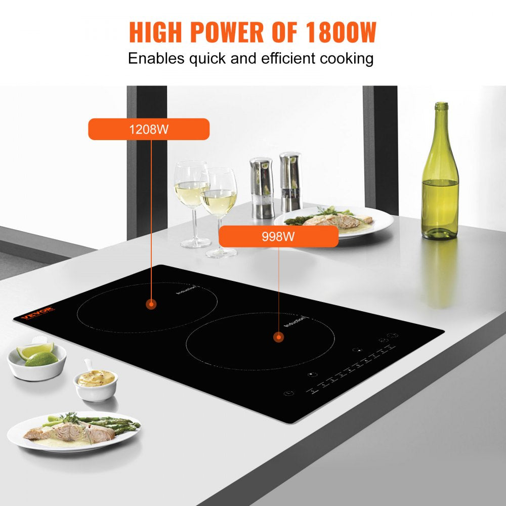 Electric Cooktop, 2 Burners, 12`` Induction Stove Top, Built-in Magnetic Cooktop 1800W, 9 Heating Level Multifunctional Burner, LED Touch Screen w/ Child Lock & Over-Temperature Protection