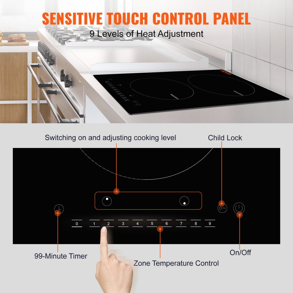 Electric Cooktop, 2 Burners, 12`` Induction Stove Top, Built-in Magnetic Cooktop 1800W, 9 Heating Level Multifunctional Burner, LED Touch Screen w/ Child Lock & Over-Temperature Protection