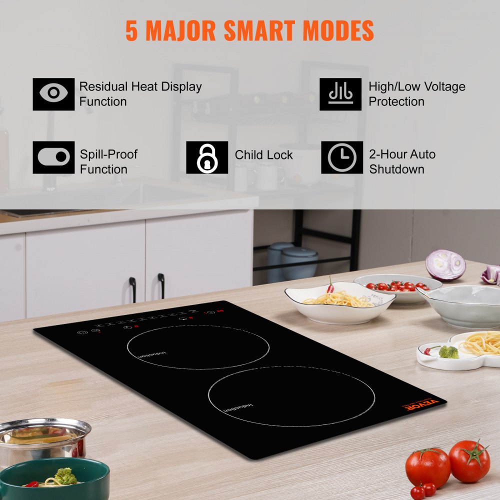 Electric Cooktop, 2 Burners, 12`` Induction Stove Top, Built-in Magnetic Cooktop 1800W, 9 Heating Level Multifunctional Burner, LED Touch Screen w/ Child Lock & Over-Temperature Protection