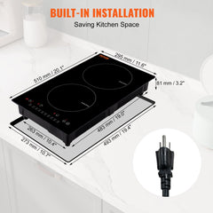 Electric Cooktop, 2 Burners, 12`` Induction Stove Top, Built-in Magnetic Cooktop 1800W, 9 Heating Level Multifunctional Burner, LED Touch Screen w/ Child Lock & Over-Temperature Protection