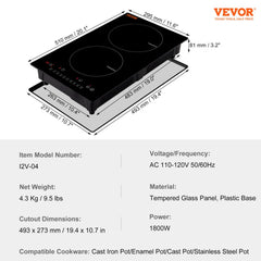 Electric Cooktop, 2 Burners, 12`` Induction Stove Top, Built-in Magnetic Cooktop 1800W, 9 Heating Level Multifunctional Burner, LED Touch Screen w/ Child Lock & Over-Temperature Protection