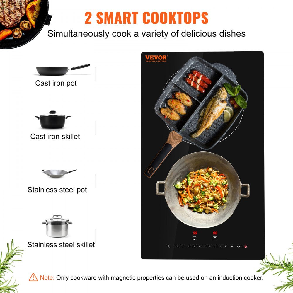 Electric Cooktop, 2 Burners, 12`` Induction Stove Top, Built-in Magnetic Cooktop 3000W, 9 Heating Level Multifunctional Burner, LED Touch Screen w/ Child Lock & Over-Temperature Protection