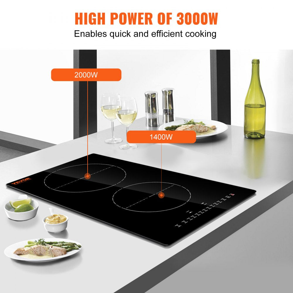 Electric Cooktop, 2 Burners, 12`` Induction Stove Top, Built-in Magnetic Cooktop 3000W, 9 Heating Level Multifunctional Burner, LED Touch Screen w/ Child Lock & Over-Temperature Protection