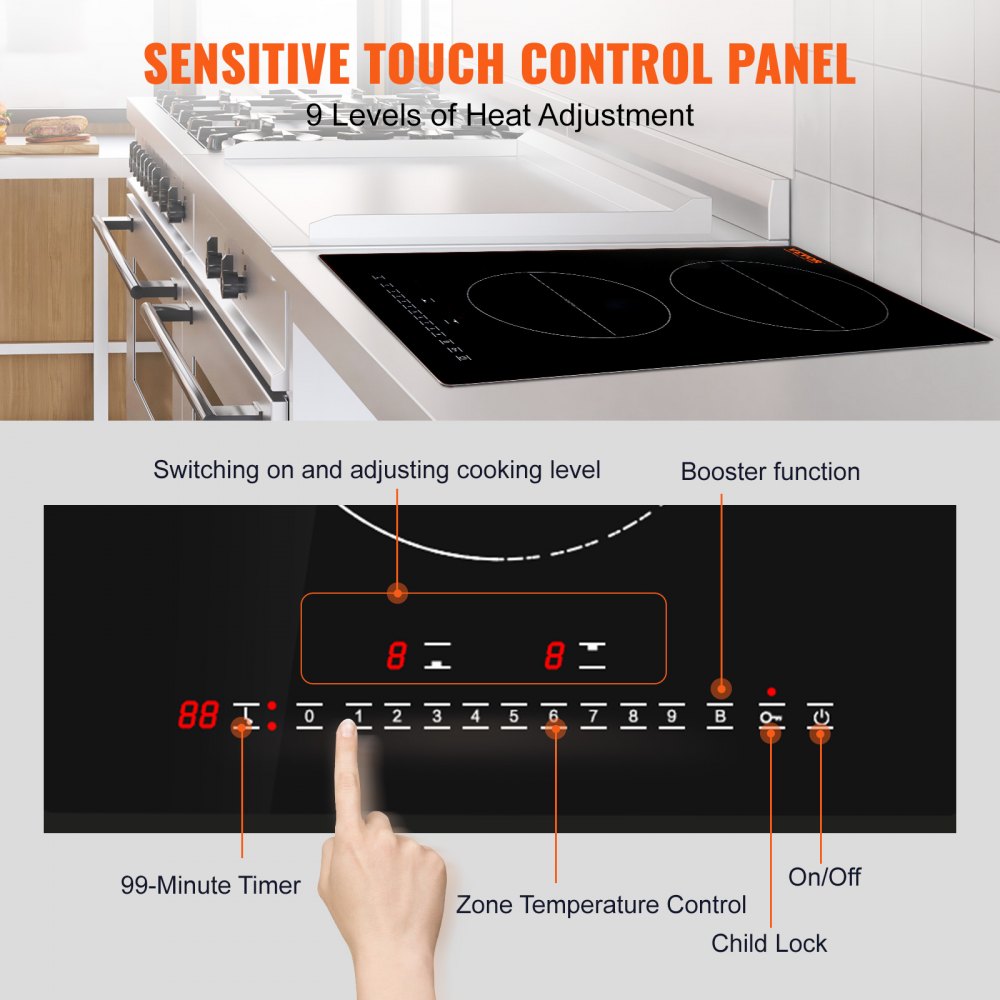 Electric Cooktop, 2 Burners, 12`` Induction Stove Top, Built-in Magnetic Cooktop 3000W, 9 Heating Level Multifunctional Burner, LED Touch Screen w/ Child Lock & Over-Temperature Protection