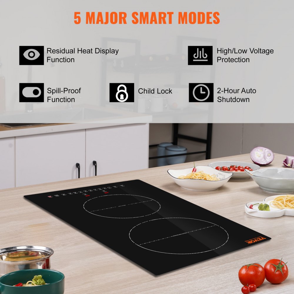 Electric Cooktop, 2 Burners, 12`` Induction Stove Top, Built-in Magnetic Cooktop 3000W, 9 Heating Level Multifunctional Burner, LED Touch Screen w/ Child Lock & Over-Temperature Protection