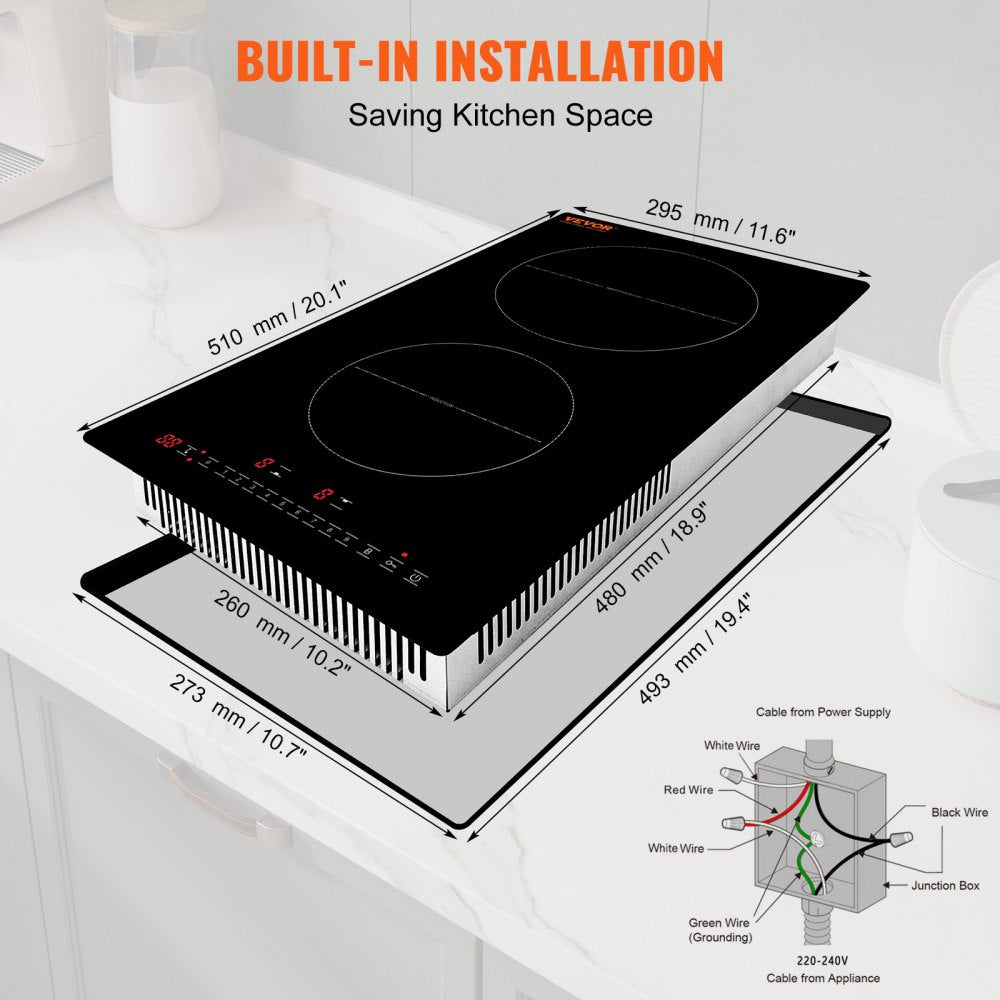 Electric Cooktop, 2 Burners, 12`` Induction Stove Top, Built-in Magnetic Cooktop 3000W, 9 Heating Level Multifunctional Burner, LED Touch Screen w/ Child Lock & Over-Temperature Protection