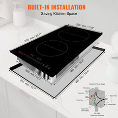 Electric Cooktop, 2 Burners, 12`` Induction Stove Top, Built-in Magnetic Cooktop 3000W, 9 Heating Level Multifunctional Burner, LED Touch Screen w/ Child Lock & Over-Temperature Protection