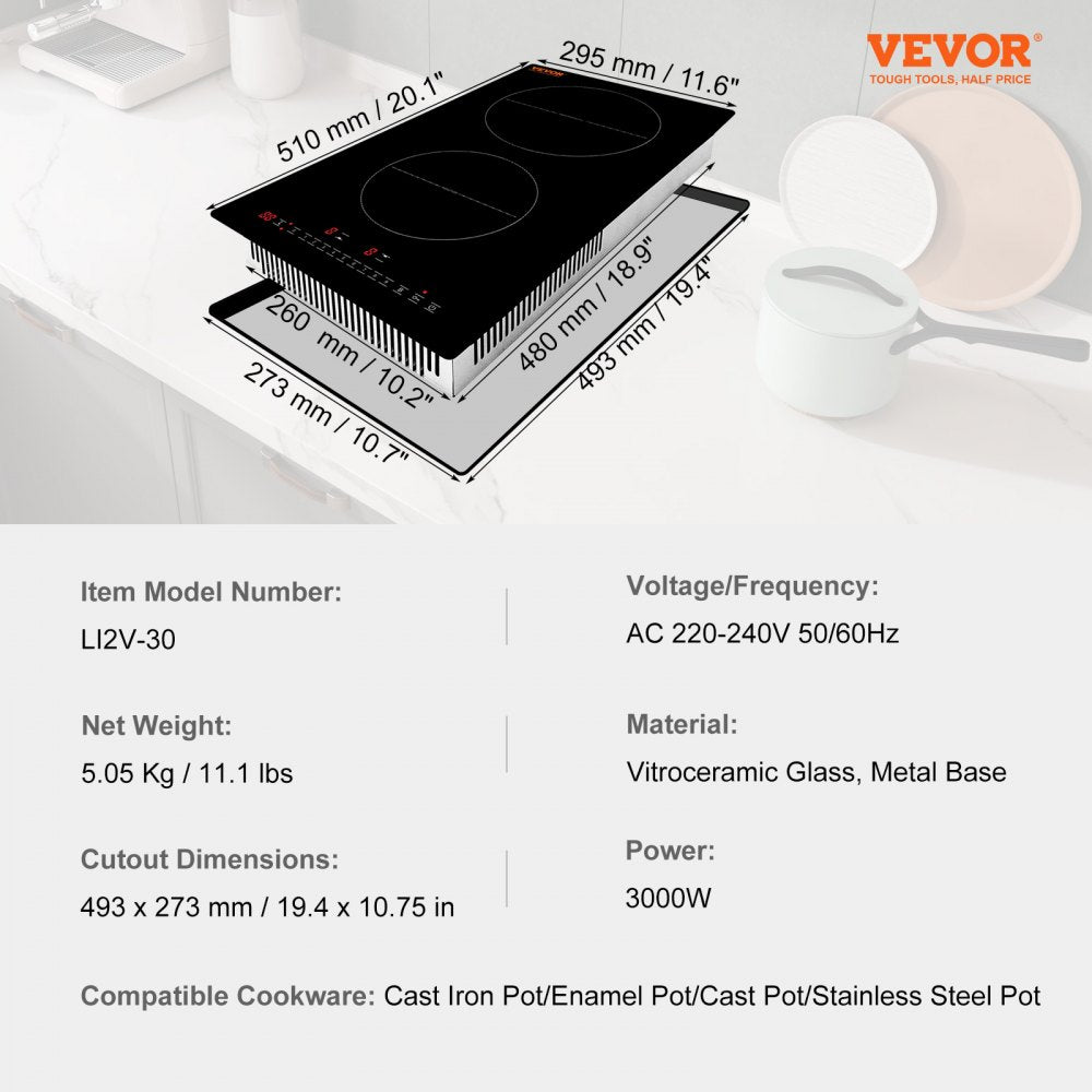 Electric Cooktop, 2 Burners, 12`` Induction Stove Top, Built-in Magnetic Cooktop 3000W, 9 Heating Level Multifunctional Burner, LED Touch Screen w/ Child Lock & Over-Temperature Protection