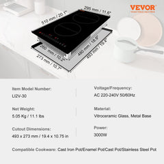 Electric Cooktop, 2 Burners, 12`` Induction Stove Top, Built-in Magnetic Cooktop 3000W, 9 Heating Level Multifunctional Burner, LED Touch Screen w/ Child Lock & Over-Temperature Protection