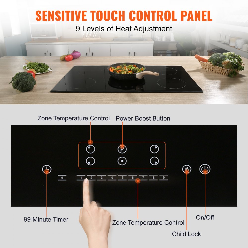 Electric Cooktop, 5 Burners, 30`` Induction Stove Top, Built-in Magnetic Cooktop 9200W, 9 Heating Level Multifunctional Burner, LED Touch Screen w/ Child Lock & Over-Temperature Protection