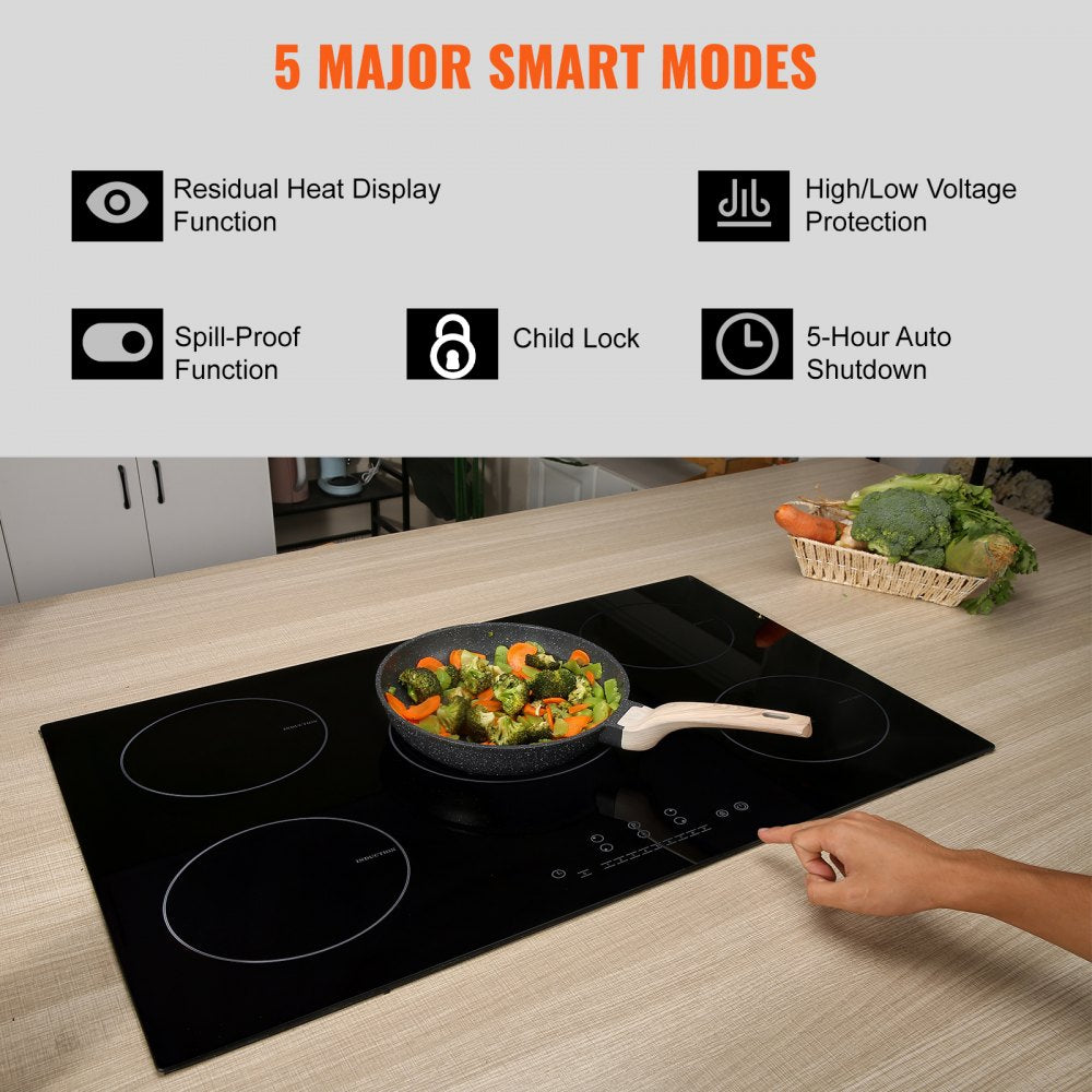 Electric Cooktop, 5 Burners, 30`` Induction Stove Top, Built-in Magnetic Cooktop 9200W, 9 Heating Level Multifunctional Burner, LED Touch Screen w/ Child Lock & Over-Temperature Protection
