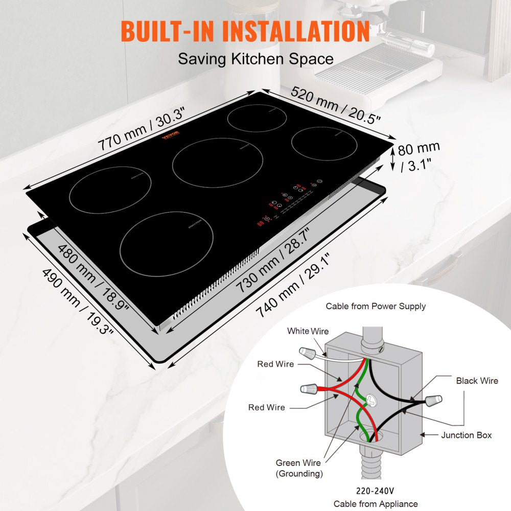 Electric Cooktop, 5 Burners, 30`` Induction Stove Top, Built-in Magnetic Cooktop 9200W, 9 Heating Level Multifunctional Burner, LED Touch Screen w/ Child Lock & Over-Temperature Protection