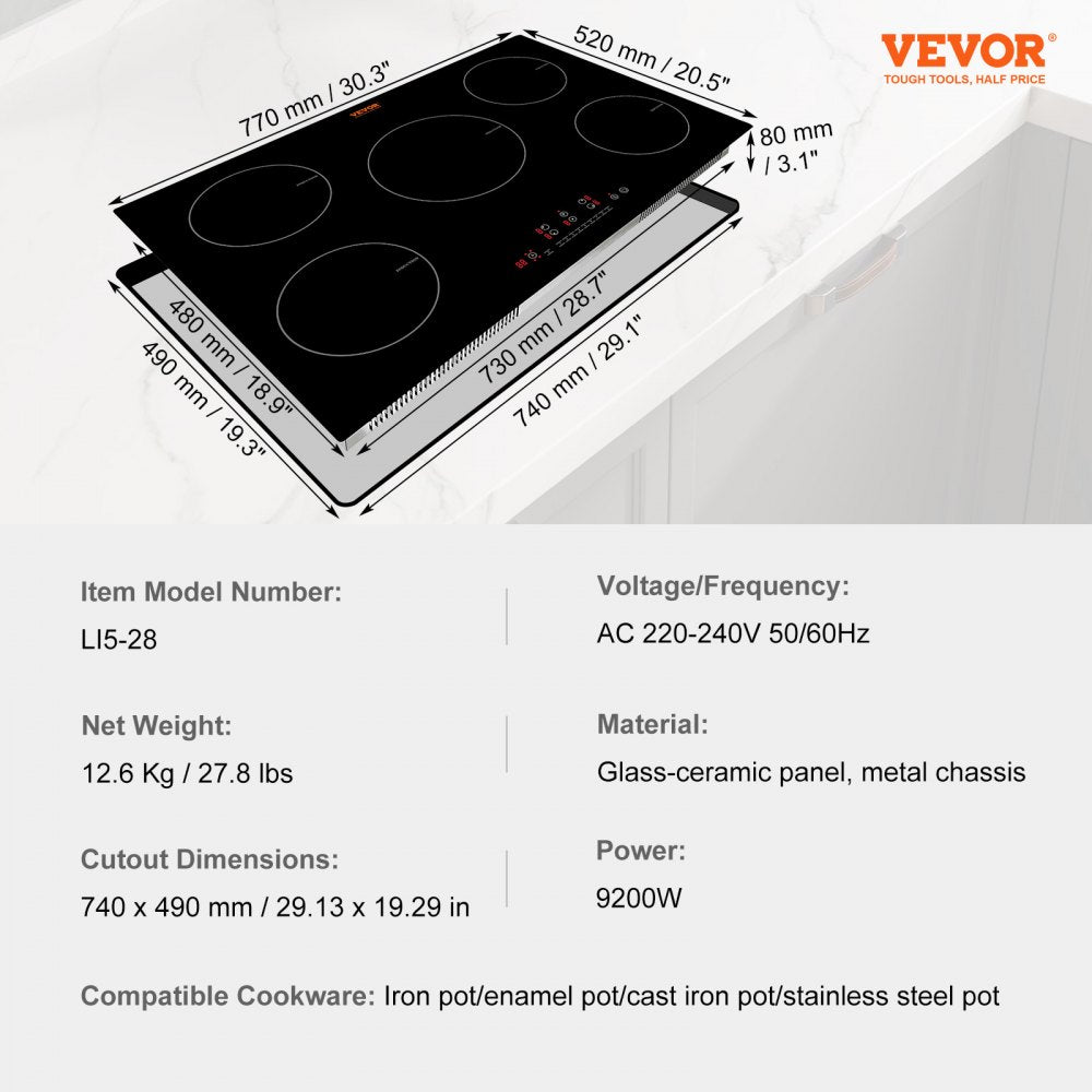 Electric Cooktop, 5 Burners, 30`` Induction Stove Top, Built-in Magnetic Cooktop 9200W, 9 Heating Level Multifunctional Burner, LED Touch Screen w/ Child Lock & Over-Temperature Protection