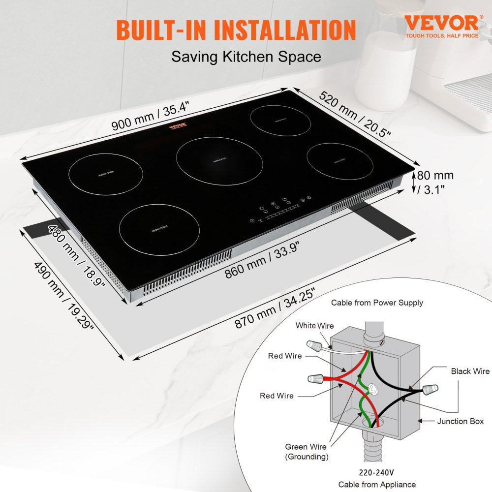 Electric Cooktop, 5 Burners, 36`` Induction Stove Top, Built-in Magnetic Cooktop 9200W, 9 Heating Level Multifunctional Burner, LED Touch Screen w/ Child Lock & Over-Temperature Protection