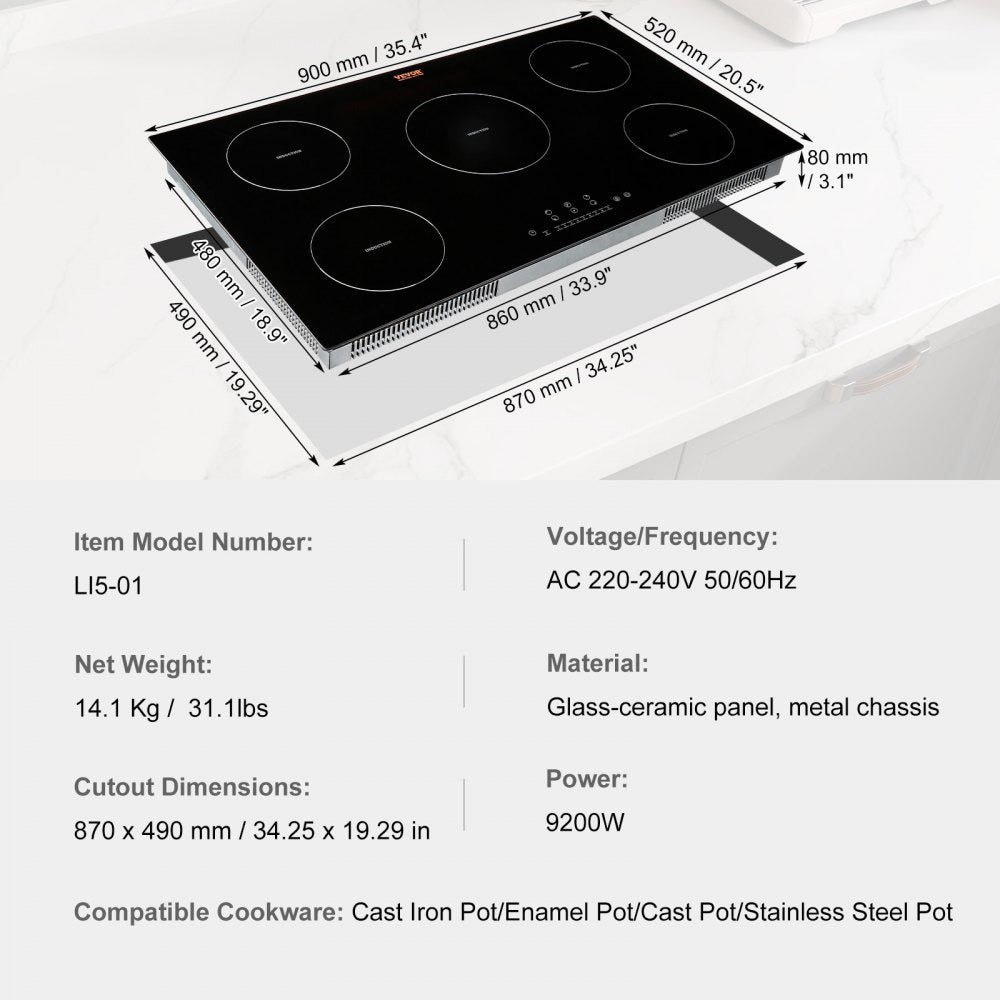 Electric Cooktop, 5 Burners, 36`` Induction Stove Top, Built-in Magnetic Cooktop 9200W, 9 Heating Level Multifunctional Burner, LED Touch Screen w/ Child Lock & Over-Temperature Protection