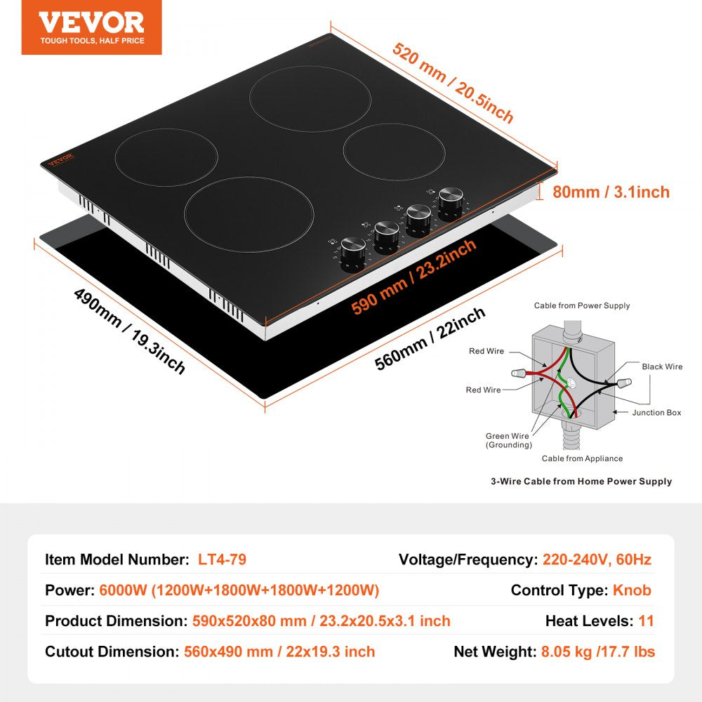 Built-in Electric Cooktop Radiant Ceramic Cooktop 4 Burners 23.2x20.5 inch