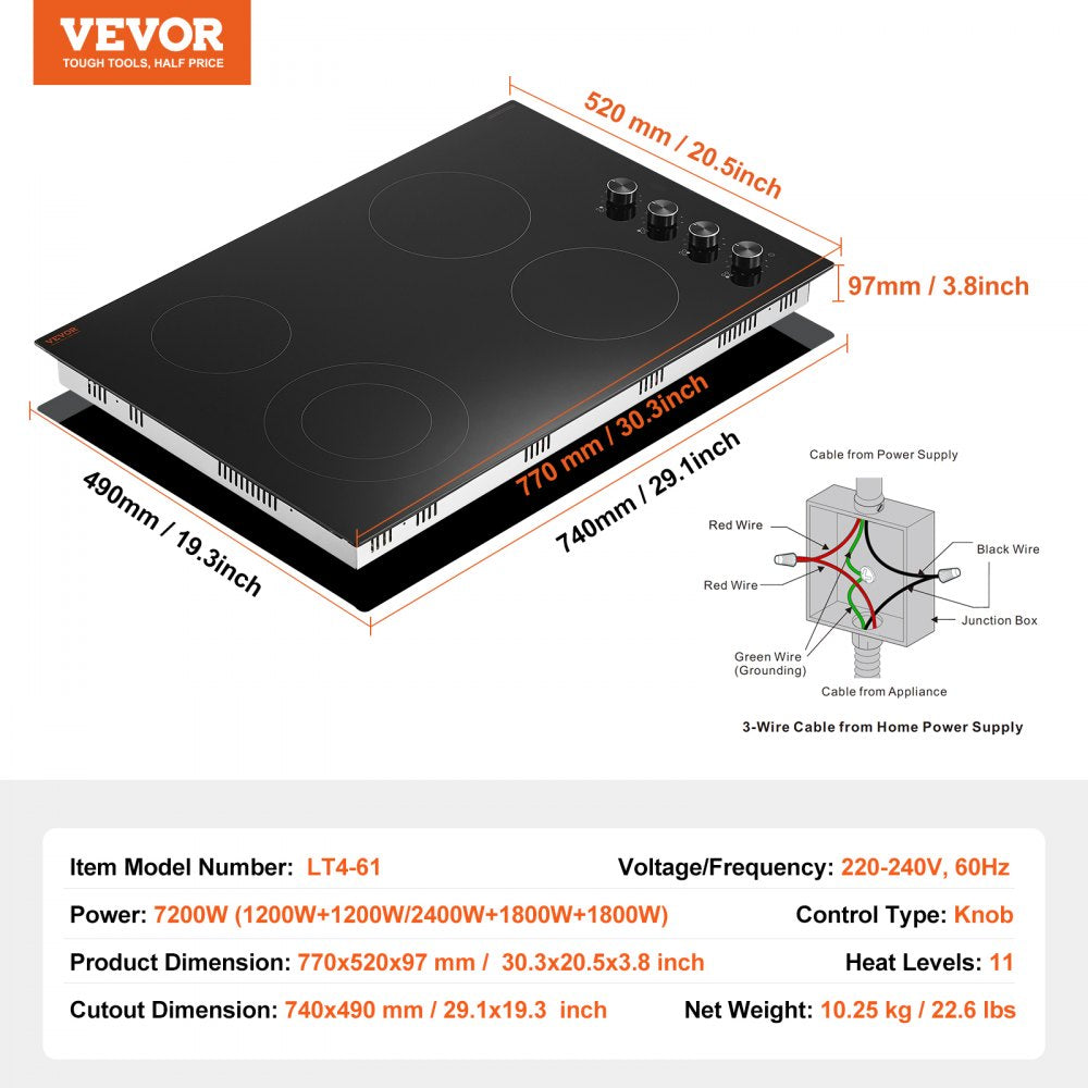 Built-in Electric Cooktop Radiant Ceramic Cooktop 4 Burners 30.3x20.5 inch