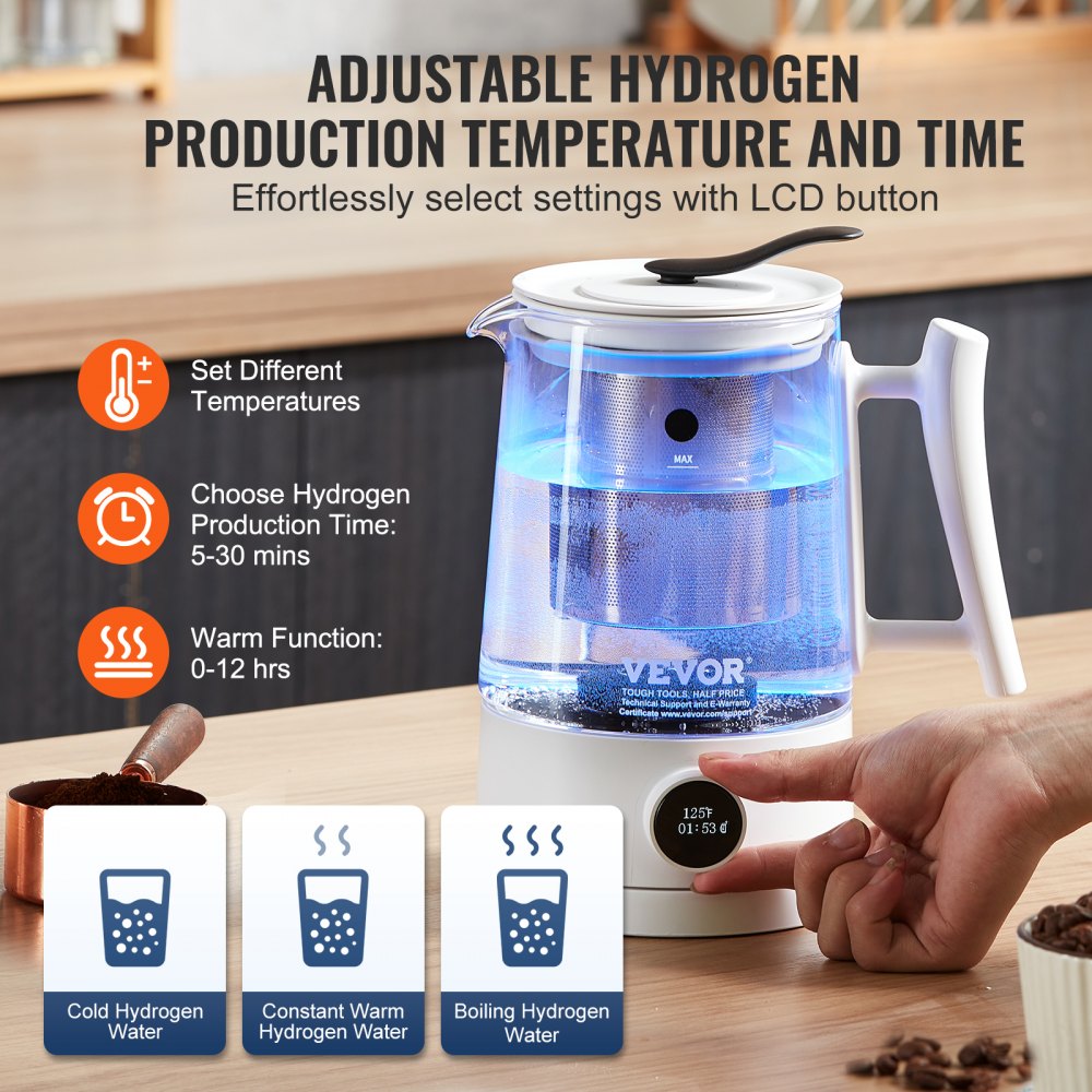 Hydrogen Water Pitcher Generator, 1.5 L / 52.8 oz Large Capacity Hydrogen Generator Water Kettle, SPE and PEM Technology, Hydrogen Rich Water Ionizer Machine for Brewing Coffee or Tea