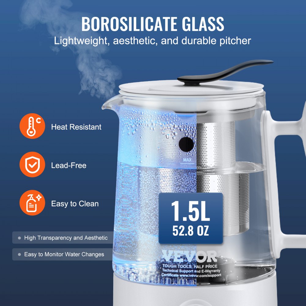 Hydrogen Water Pitcher Generator, 1.5 L / 52.8 oz Large Capacity Hydrogen Generator Water Kettle, SPE and PEM Technology, Hydrogen Rich Water Ionizer Machine for Brewing Coffee or Tea
