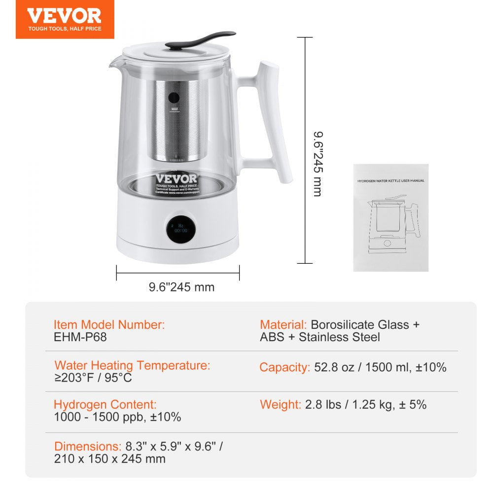 Hydrogen Water Pitcher Generator, 1.5 L / 52.8 oz Large Capacity Hydrogen Generator Water Kettle, SPE and PEM Technology, Hydrogen Rich Water Ionizer Machine for Brewing Coffee or Tea