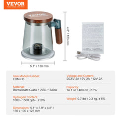 Hydrogen Water Cup, 400 ml / 14.1 oz Hydrogen Generator, SPE Technology Portable Hydrogen Water Ionizer Machine with Wireless Charging Base, Hydrogen Rich Water Bottle Glass Health Cup