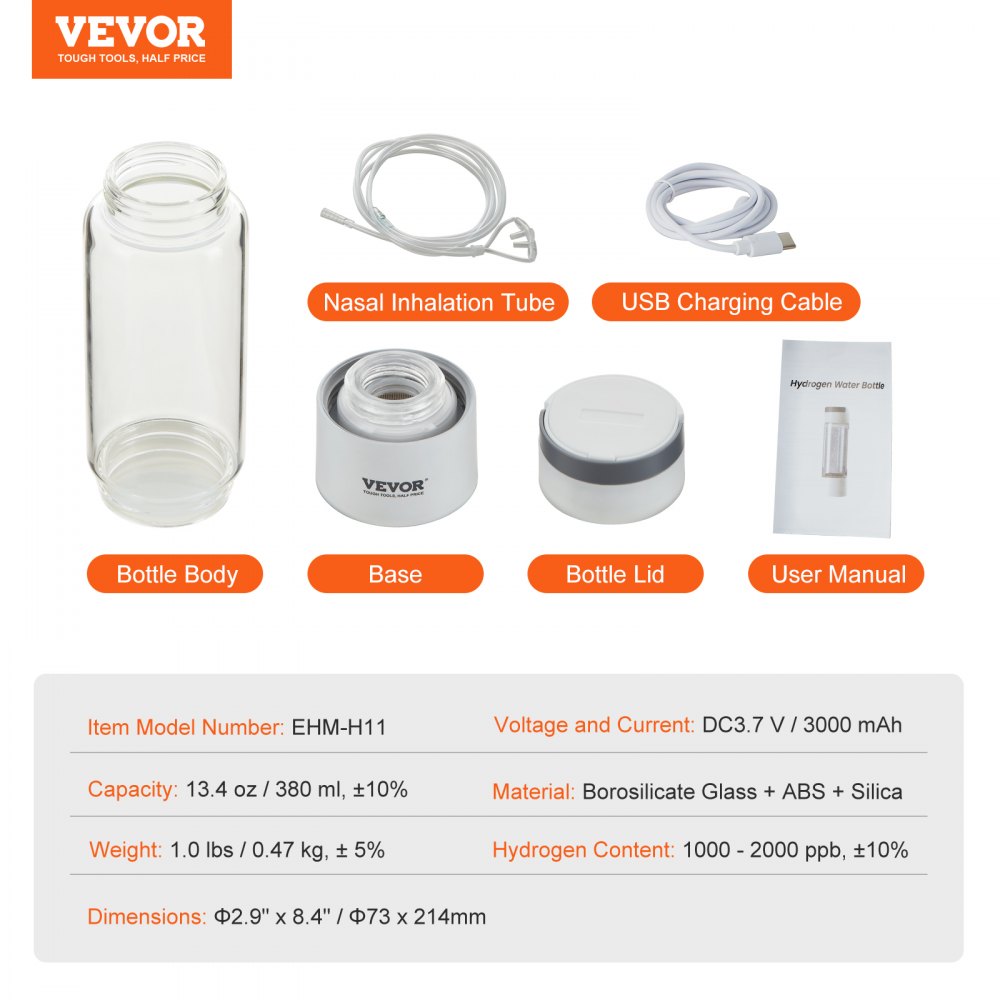 Hydrogen Water Bottle Generator, 380 ml / 13.4 oz Capacity Portable Hydrogen Water Maker, SPE Technology Hydrogen Rich Water Ionizer Machine with Nasal Inhalation Tube and Self-Cleaning