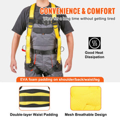 Safety Harness, Full Body Harness, Safety Harness Fall Protection with Added Padding, and Side Rings and Dorsal D-Rings and a Lanyard, ANSI/ASSE Z359.11-2014, 240 lbs Max Weight, M