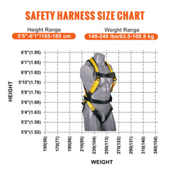 Safety Harness, Full Body Harness, Safety Harness Fall Protection with Added Padding, and Side Rings and Dorsal D-Rings and a Lanyard, ANSI/ASSE Z359.11-2014, 240 lbs Max Weight, M