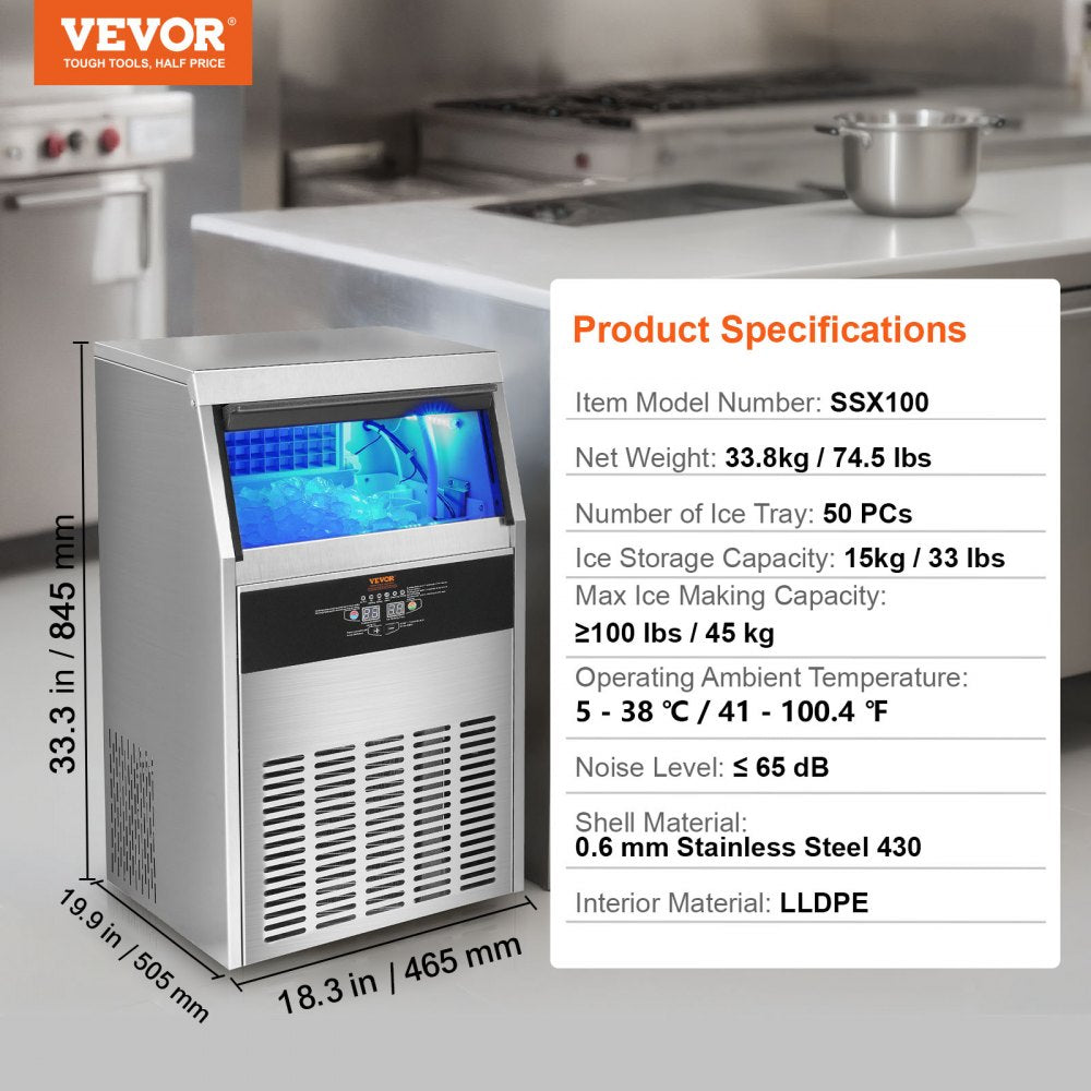 Commercial Ice Maker, 100lbs/24H, Ice Maker Machine, 50 Ice Cubes in 12-15 Minutes, Freestanding Cabinet Ice Maker with 33lbs Storage Capacity LED Digital Display, for Bar Home Office Restaurant