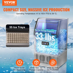 Commercial Ice Maker, 130lbs/24H, Ice Maker Machine, 55 Ice Cubes in 12-15 Minutes, Freestanding Cabinet Ice Maker with 33lbs Storage Capacity LED Digital Display, for Bar Home Office Restaurant
