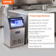 Commercial Ice Maker, 130lbs/24H, Ice Maker Machine, 55 Ice Cubes in 12-15 Minutes, Freestanding Cabinet Ice Maker with 33lbs Storage Capacity LED Digital Display, for Bar Home Office Restaurant