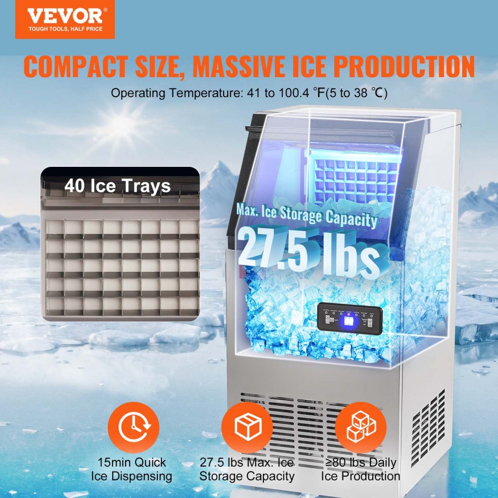 Commercial Ice Maker, 80lbs/24H, Ice Maker Machine, 40 Ice Cubes in 12-15 Minutes, Freestanding Cabinet Ice Maker with 15lbs Storage Capacity LED Digital Display, for Bar Home Office Restaurant