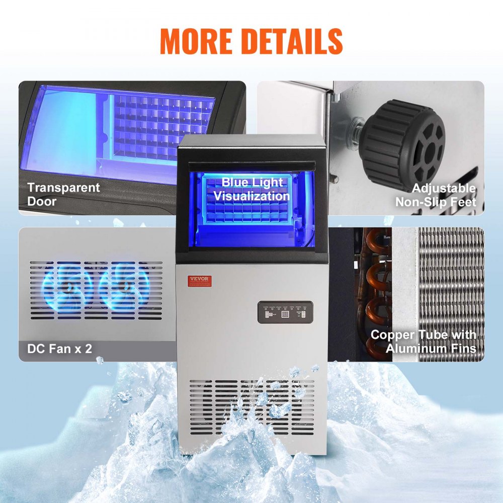 Commercial Ice Maker, 80lbs/24H, Ice Maker Machine, 40 Ice Cubes in 12-15 Minutes, Freestanding Cabinet Ice Maker with 15lbs Storage Capacity LED Digital Display, for Bar Home Office Restaurant