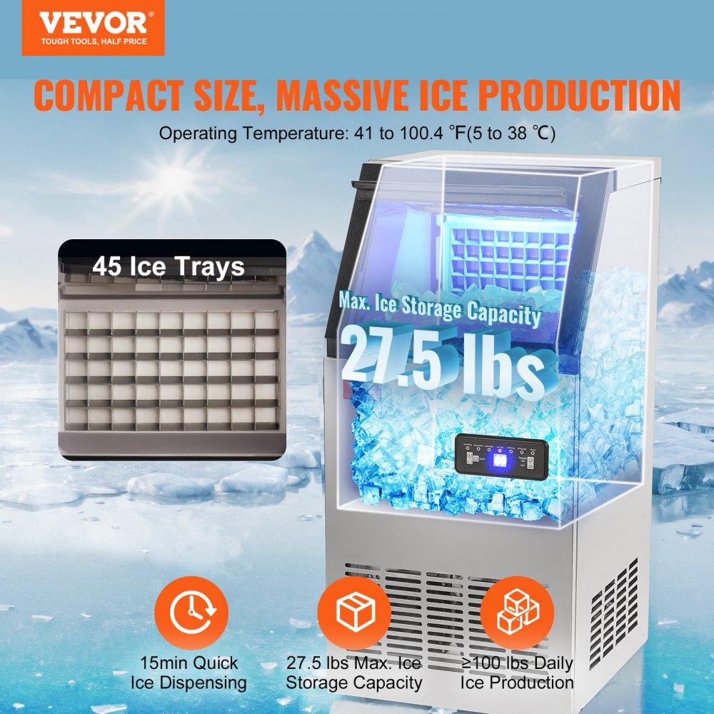Commercial Ice Maker, 100 lbs/24H, Ice Maker Machine, 45 Ice Cubes in 12-15 Minutes, Freestanding Cabinet Ice Maker with 27.5 lbs Storage Capacity LED Digital Display, for Home Office Restaurant