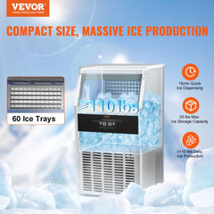 Commercial Ice Maker, 110lbs/24H, Ice Maker Machine, 60 Ice Cubes in 12-15 Minutes, Freestanding Cabinet Ice Maker with 33lbs Storage Capacity LED Digital Display, for Bar Home Office Restaurant