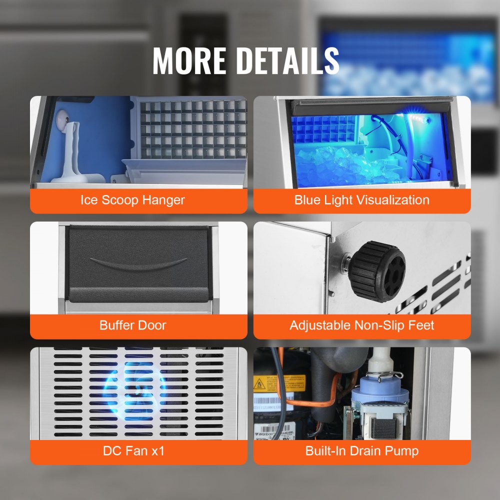 Commercial Ice Maker, 110lbs/24H, Ice Maker Machine, 60 Ice Cubes in 12-15 Minutes, Freestanding Cabinet Ice Maker with 33lbs Storage Capacity LED Digital Display, for Bar Home Office Restaurant