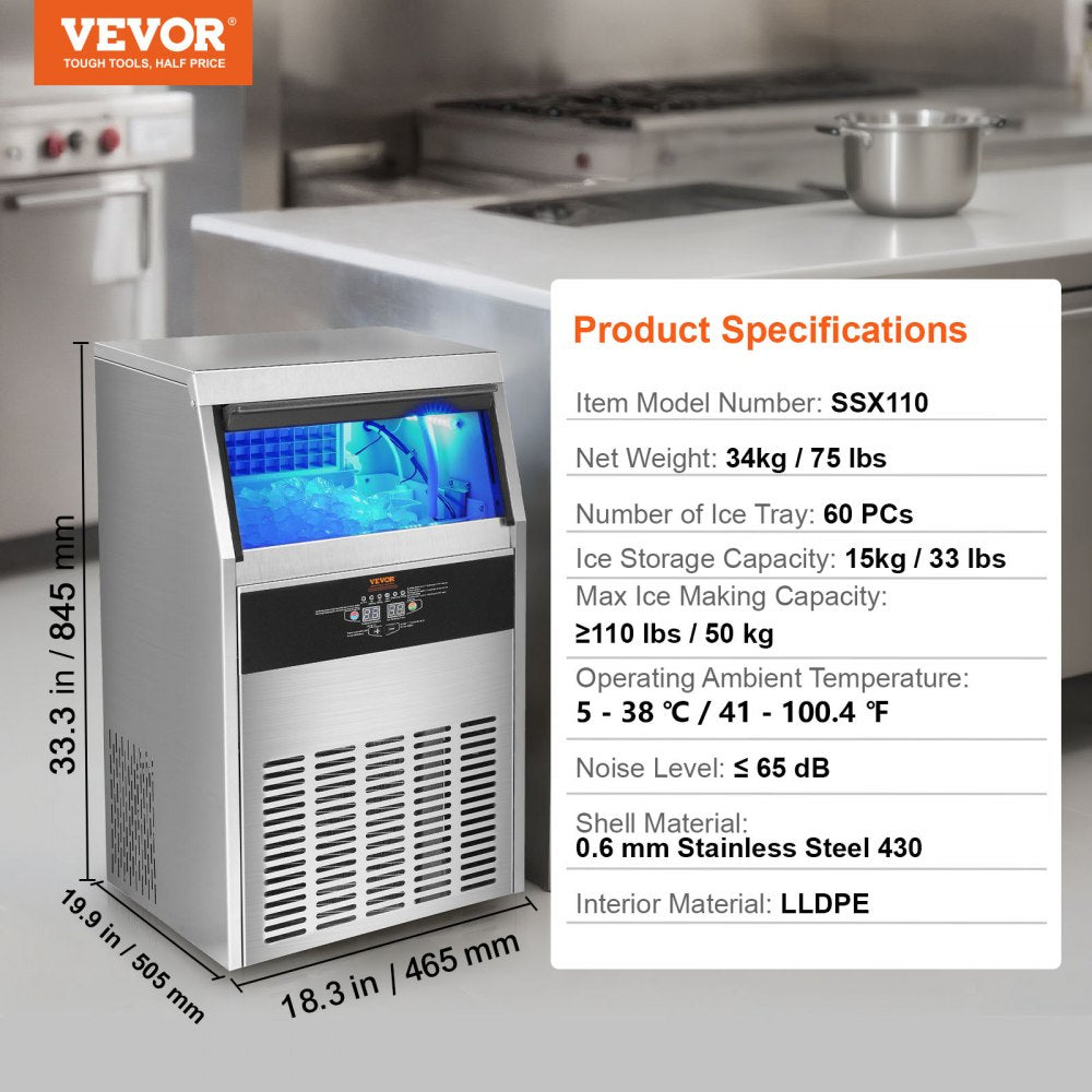 Commercial Ice Maker, 110lbs/24H, Ice Maker Machine, 60 Ice Cubes in 12-15 Minutes, Freestanding Cabinet Ice Maker with 33lbs Storage Capacity LED Digital Display, for Bar Home Office Restaurant