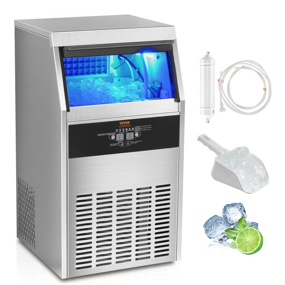Commercial Ice Maker, 110lbs/24H, Ice Maker Machine, 60 Ice Cubes in 12-15 Minutes, Freestanding Cabinet Ice Maker with 33lbs Storage Capacity LED Digital Display, for Bar Home Office Restaurant