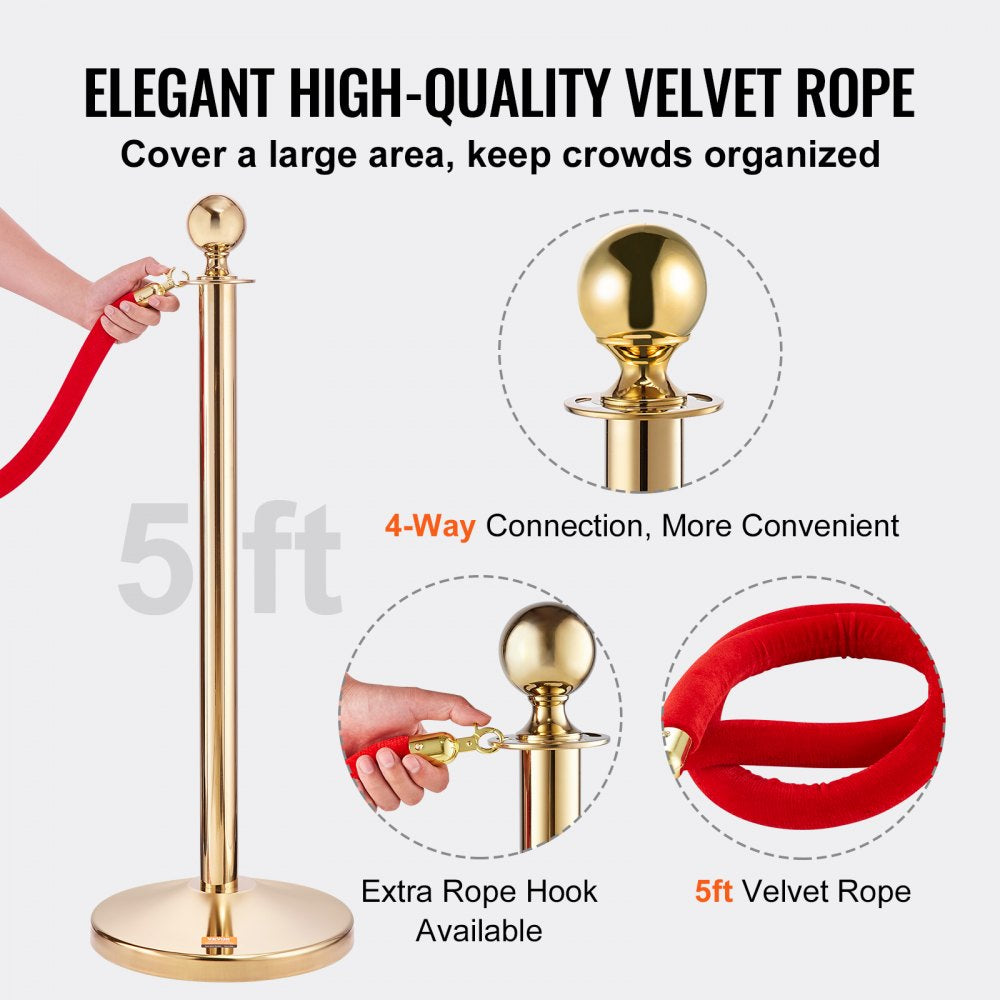 Stanchion Post with Velvet Rope, 4-Pack Crowd Control Stanchion with 3PCS 5FT Red Velvet Ropes, Stainless Steel Queue Barrier Line Divider with Fillable Base & Ball Top for Wedding Museum Party